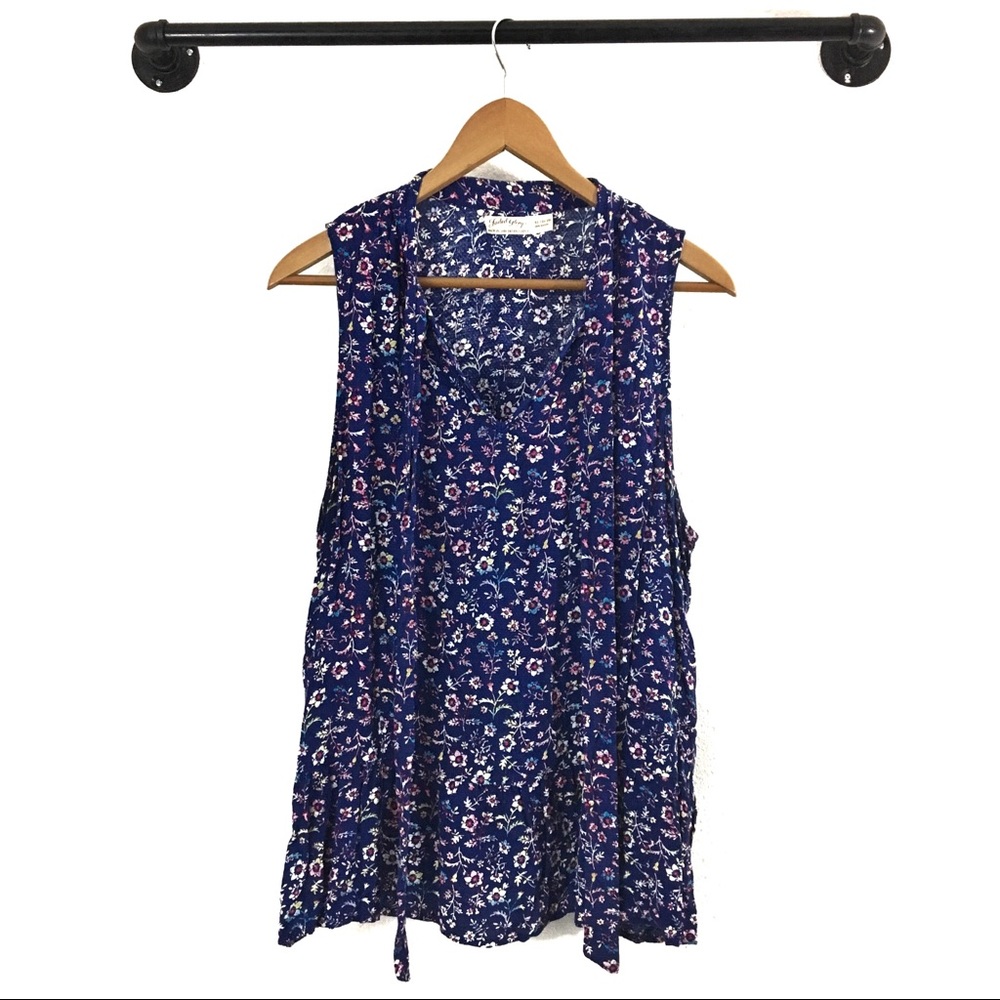 Faded Glory Blue Floral Tie Neck Blouse Size XL